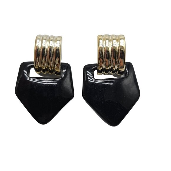 1980s Black Acrylic Triangle Dangle Drop Earrings Hoop Closure Vintage - Picture 1 of 4